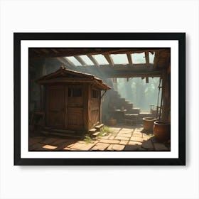 A Rustic Interior Scene With A Wooden Shed In A Sunlit Forest, Creating A Sense Of Peace And Tranquility Art Print