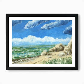 Summer Mood - impressionism painting water sea beach sky white blue hand painted living room bedroom Art Print