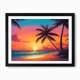 A Tranquil Beach At Sunset Horizontal Illustration 12 Art Print