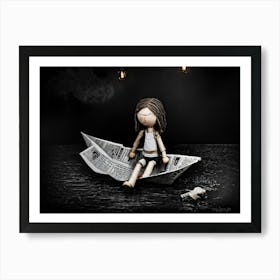 Small Stick Doll Featuring A Crestfallen Expression Seated Atop A Newspaper Crafted Paper Boat Sur Art Print