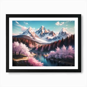 Mountain River with Cherry Blossom and Alps view #5 - Oil Painting Art Print