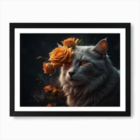 Cat With Roses Art Print