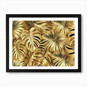 Golden Seamless Pattern With Shiny Monstera, Palm Leaves Painting Póster