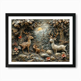 3d Relief With Playful Woodland Creatures And Fantasy Elements 1 Art Print