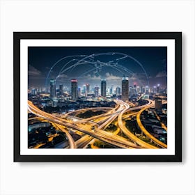 Aerial View Of Bangkok At Night Showcasing The Metropolitan District Interwoven With A Complex Tele Art Print