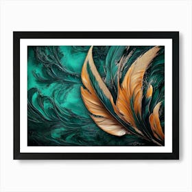 Vibrant 3d Abstract Art with Teal Backdrop, Shimmering Silver Feathers and Bold Volcanic Peaks Art Print