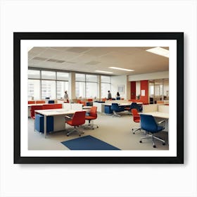 A Modern Office Space With Open Plan Design, Featuring Red And Blue Chairs And Desks, Creating A Bright And Vibrant Atmosphere Art Print