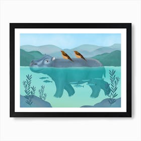 Underwater Hippo With Birds Art Print