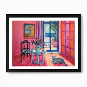 Cat in Pink Room. Retro Oil Henry Matisse Style Interior Painting Art Print