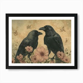 Floral Animal Illustration Crow 1 Art Print