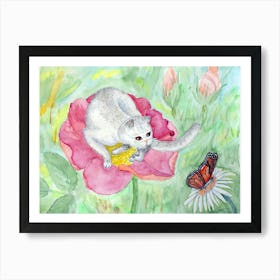 Cats Have Fun The Gray Cat On A Pink Flower Hunts A Butterfly Art Print