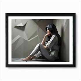 Woman In Grey Suit Sitting In A Geometric Room Art Print