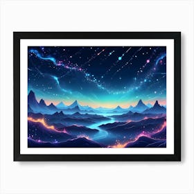 A Vibrant Landscape Features Glowing Mountains, A Winding River, And A Dazzling Night Sky Illuminated By Colorful Stars And Streaks Of Light Art Print