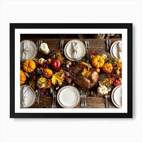 An Autumnal Composition On A Rustic Wooden Table Setting Featuring A Variety Of Harvested Ingredien Art Print