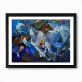 Horses Running, Impressionist Painting, Acrylic On Canvas, Blue Color Art Print