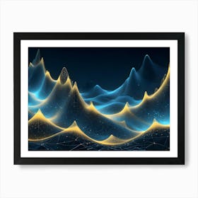 Abstract 3d Landscape With A Blue And Gold Wireframe Art Print