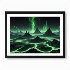 A Dark, Mountainous Landscape Illuminated By Glowing Green Pathways And Bolts Of Lightning Striking The Peaks, Creating A Dramatic And Otherworldly Scene Art Print