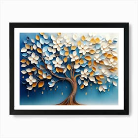 Colorful Tree With Leaves On Hanging Branches Of Blue, White And Golden 4 Art Print