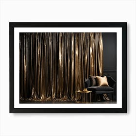 Curving Gold Drapery Cascades Down A Rich Brown Wall The Silken Material Emulating The Fluidity And Art Print