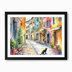 Cannes, France   Cat In Street Art Watercolour Painting 2 Art Print