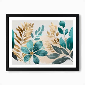 Gold And Teal Leaves 28 Art Print