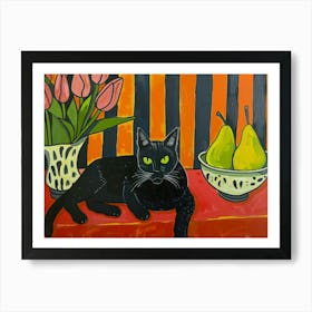 Black Cat With Pears Art Print