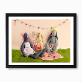 Handmade Cloth Rabbit Dolls Sitting On The Grass And Celebrating In Party Concept Art Print