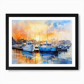 Watercolor Of Boats At Sunset Art Print