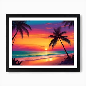 A Tranquil Beach At Sunset Horizontal Illustration 38 Art Print