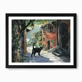 Black Cat In Como, Italy, Street Art Watercolour Painting 2 Art Print