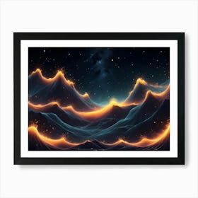 A Surreal Landscape With Mountain Like Formations Outlined In Glowing Orange Lines, Set Against A Dark Blue, Starry Sky Art Print