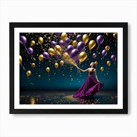 A Woman In A Purple Dress Standing In A Room With Gold And Purple Balloons And Confetti, Creating A Festive And Elegant Scene Art Print