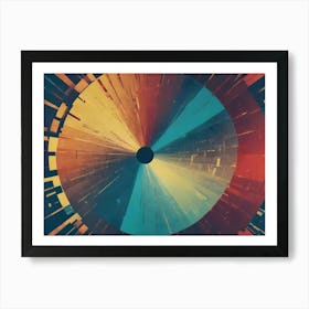 A Colorful, Abstract Design Featuring A Central Black Circle Surrounded By Radial Lines In Shades Of Orange, Yellow, Blue, And Red Art Print