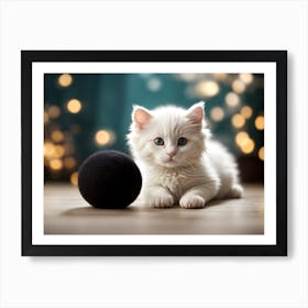 White Kitten With Black Ball Art Print