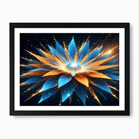 An Abstract Flower With Blue Petals And Orange Highlights, Surrounded By Glowing Particles Art Print