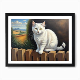 White Cat On Fence artwork 1 Art Print