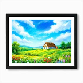 A Traditional Countryside Cottage Basking In The Gentle Embrace Of The Sun Surrounded By A Quilt Of Art Print