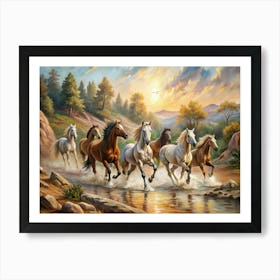 Horses Running In The Stream 1 Art Print