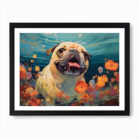 Pug Dog Swimming In The Sea Art Print