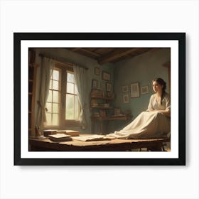 A Woman In A White Dress Sits At A Table In A Cozy, Rustic Room With A Large Window And Bookshelves Filled With Books Art Print