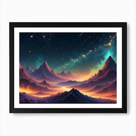 A Futuristic And Colorful Landscape With Glowing Mountains, A River Of Light, And Shooting Stars Streaking Across The Night Sky Art Print