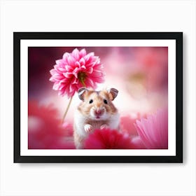 Hamster Clutching A Pink Dahlia Blossom Fur Detail Emphasized Against A Soft Focus Background Dah Art Print