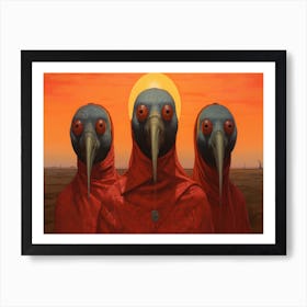 Three Red Hens In Front Of An Orange Sky In The Style 2 Art Print