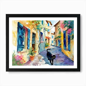 Cannes, France   Cat In Street Art Watercolour Painting 1 Art Print