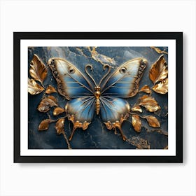 3d Luxury Blue and Gold Butterfly with Golden Leaves on Dark Marble Background Art Print