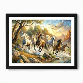 Horses Running By A River Art Print