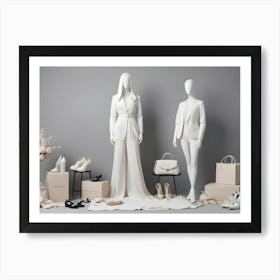 Two Mannequins Dressed In White Clothing, One A Dress And One A Suit, Stand In A Shop Display With Shoes And Accessories Around Them, Representing Fashion, Style, And A Bridal Shop Art Print