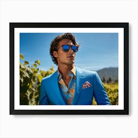 A Fashionable Businessman In A Playful Summer Setting His Sunglasses Reflecting The Mountain Filled (1) Art Print