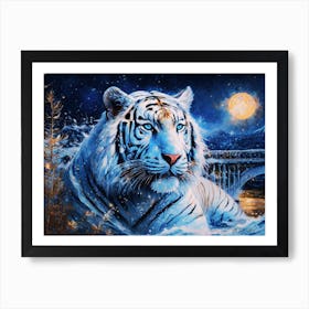 White Tiger Emerge Form River at Night Quality Impressionism Abstract Brushstroke Color Painting Art Print