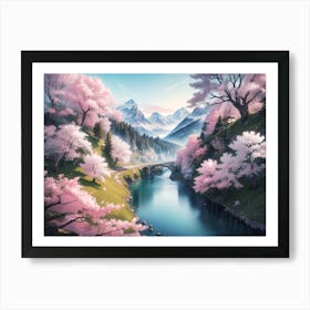 Mountain River with Cherry Blossom and Alps view #6 - Oil Painting Art Print